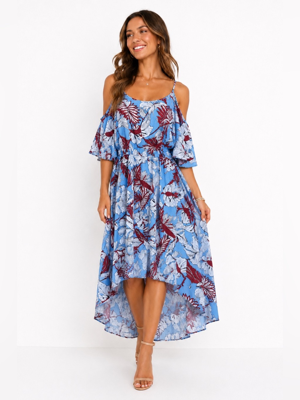 🌺 L’Atiste by Amy Tropical Floral High-Low Off Shoulder Dress